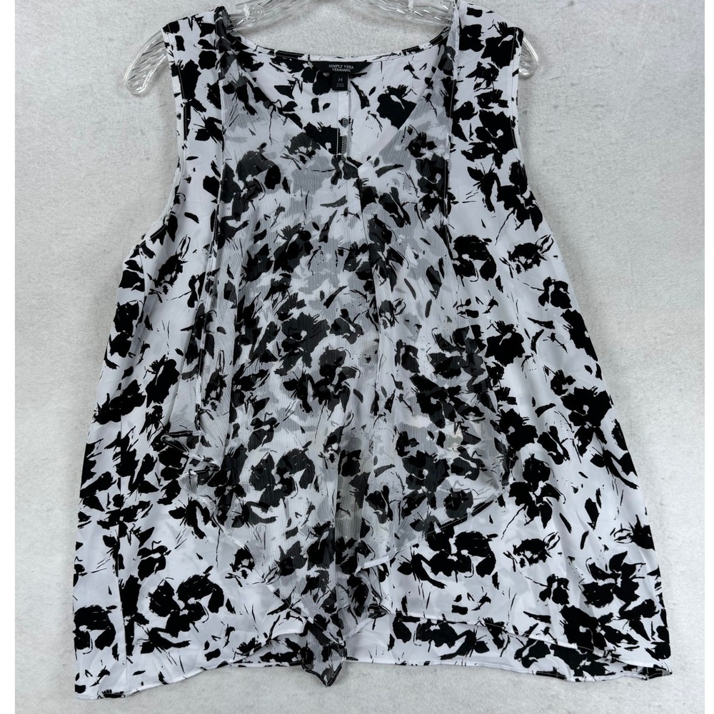 Simply Vera Vera Wang Womens Black White Floral Ruffle Front Sleeveless Blouse M